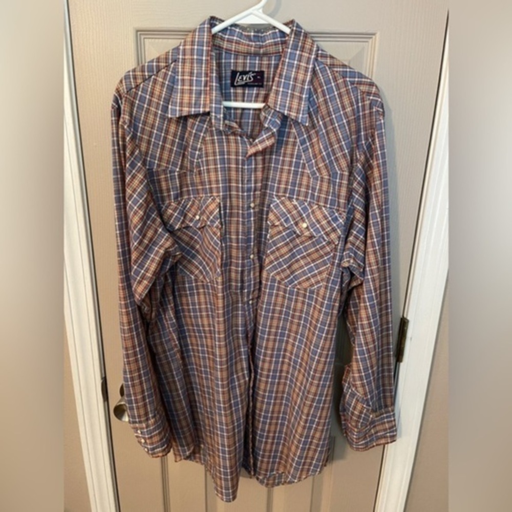 Levi’s 1970s white tab blue label blue plaid men’s long sleeve pearl snap Sz XL.